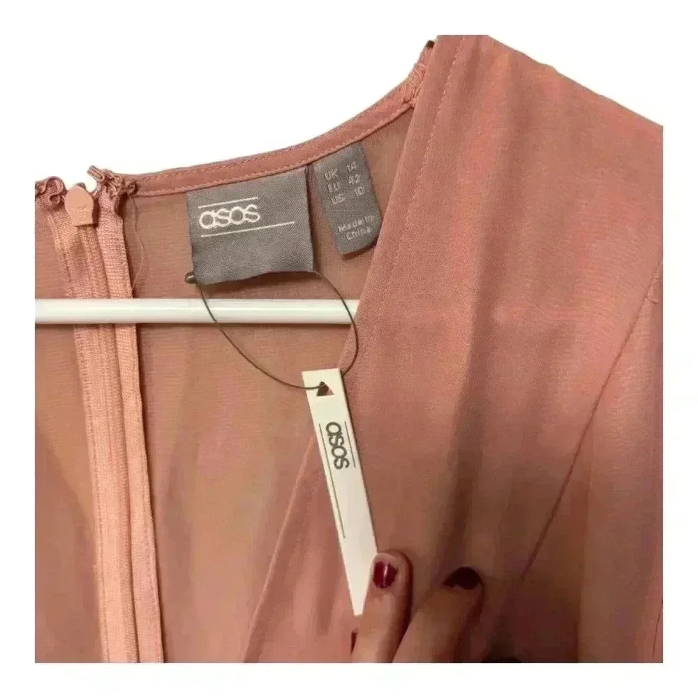 ASOS NWT Rose Pink Lace, Ruffle, Pleating Details Long Sleeve Midi Dress - Picture 4 of 15
